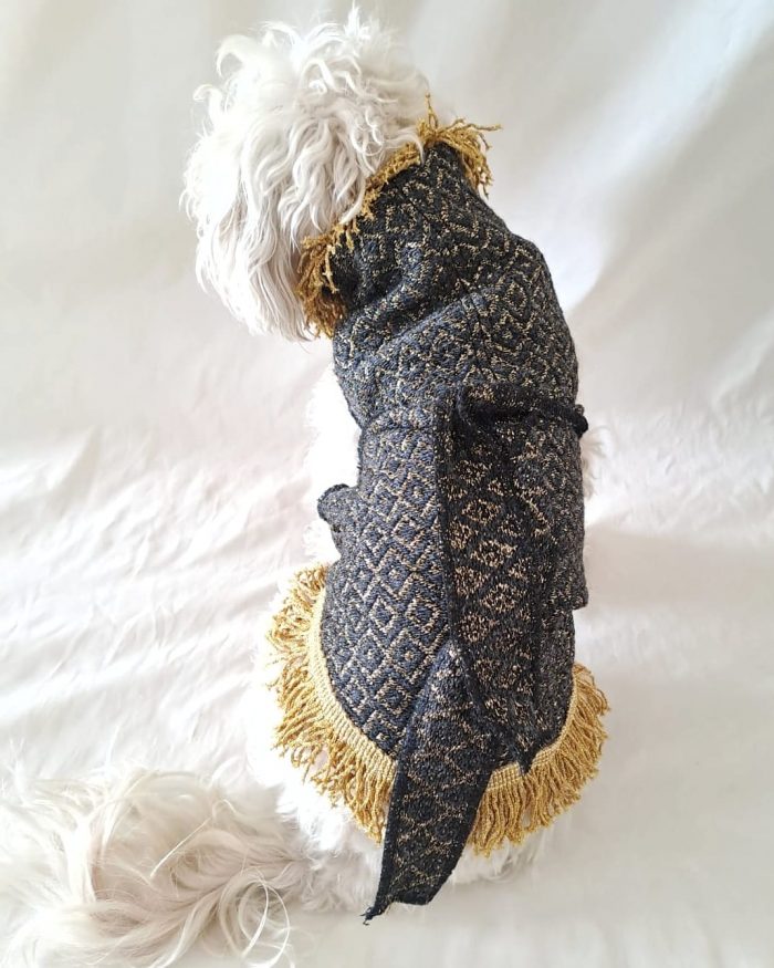 Baisesmamain Pet Couture - Cecilia Benetti Design - Doggy Coat- cappotto elegante lana glitter per cani nero e oro con frange indossato dietro