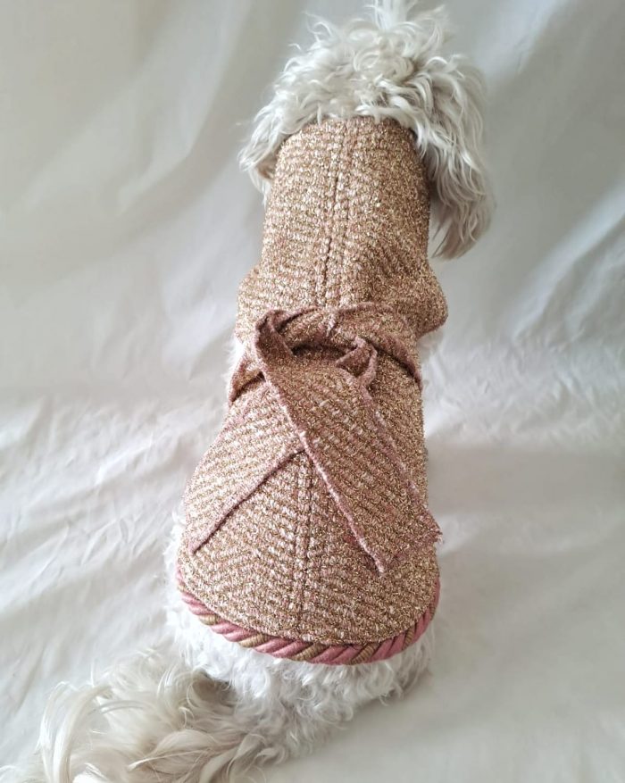 Baisesmamain Pet Couture - Cecilia Benetti Design - Doggy Coat- cappotto elegante lana glitter per cani rosa e oro indossato dietro