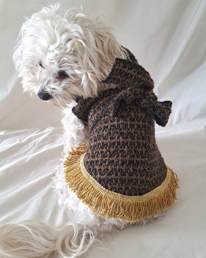 Baisesmamain Pet Couture - Cecilia Benetti Design - Doggy Coat- cappotto elegante lana marrone e oro con frange indossato dietro