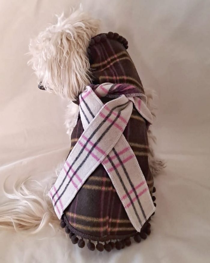 Baisesmamain Pet Couture - Cecilia Benetti Design - Doggy Coat- cappotto lana per cani cashmere quadro multicolor marrone e rosa indossato dietro