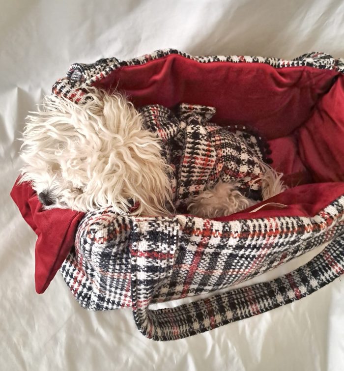 Baisesmamain Pet Couture - Cecilia Benetti Design - Doggy Coat- cappotto tartan per cani e borsa abbinata Doggy Bag