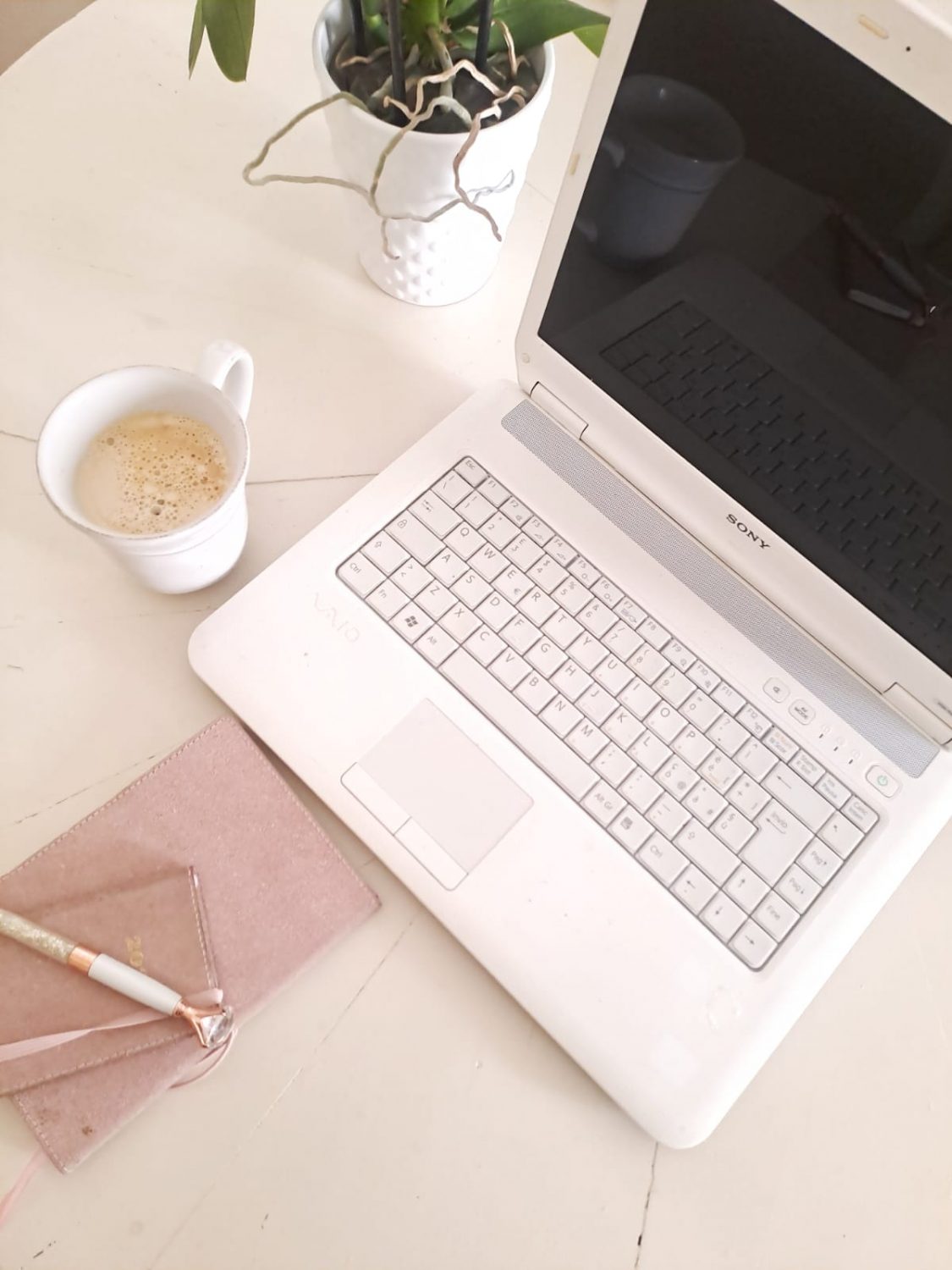 Scrivania con laptop bianco, tazza di caffè, agenda rosa e pianta, simbolo di lavoro creativo nella comunicazione.